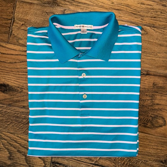 Peter Millar Crown Teal Pink Striped Polo w Contrast Collar - Picture 9 of 11